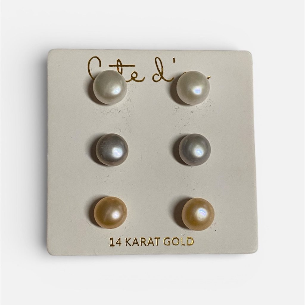 14k Gold Peach Gray White Pearl Stud Earrings Set Minimalist Beautiful